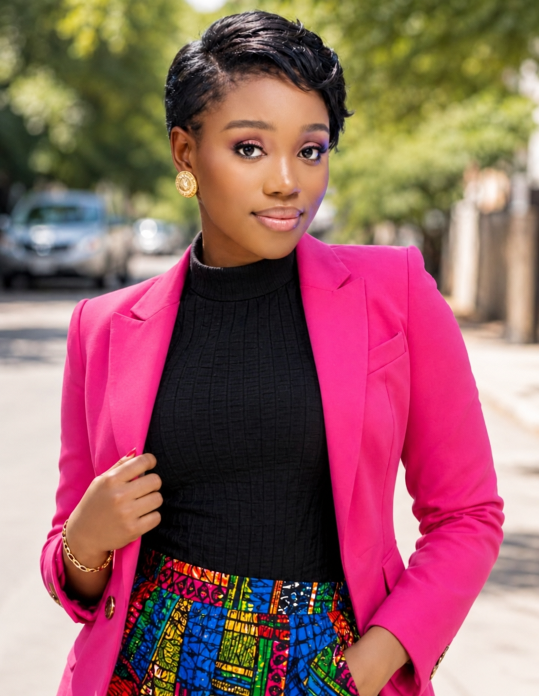 Jennifer Collins wearing a pink blazer
